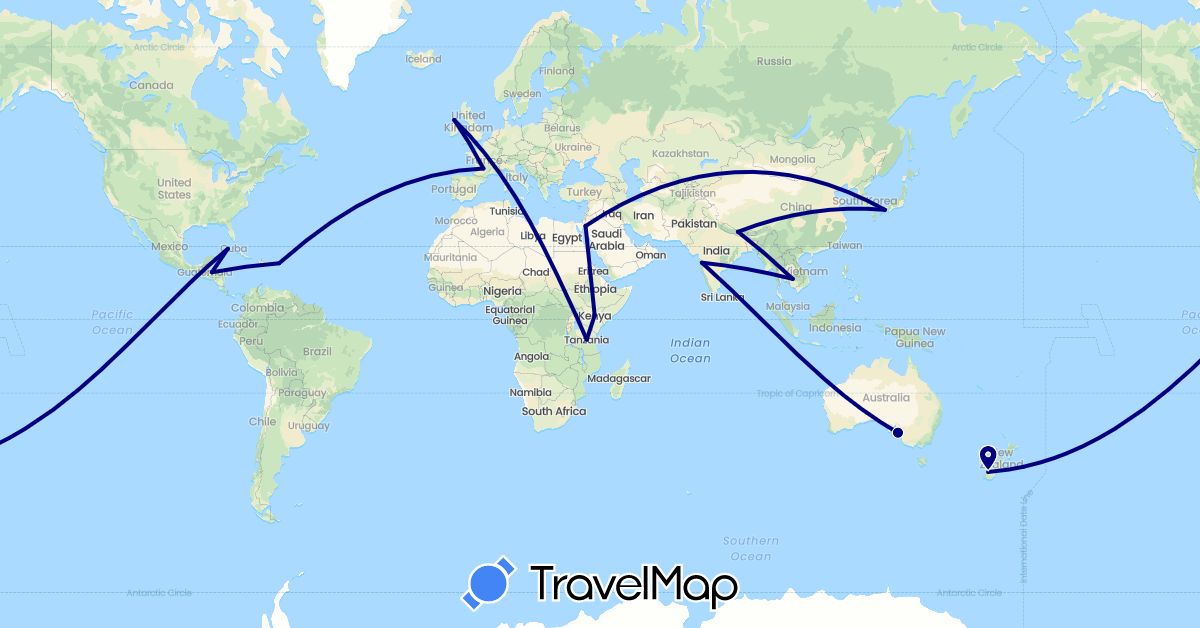 TravelMap itinerary: driving in Australia, Cuba, France, Honduras, Ireland, India, Jordan, Japan, Kenya, Cambodia, Nepal, New Zealand, Tanzania, Uganda, United States (Africa, Asia, Europe, North America, Oceania)